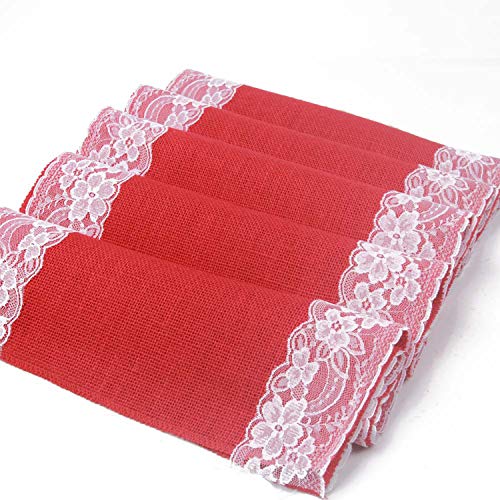 AAYU Gray Burlap Table Runner with White lace 108" | 14 Inch X 108 Studio Collection White Ribbon Lace on Both Edges Perfect Table Top Settings for Wedding and Party Decor (Grey) Jutemill