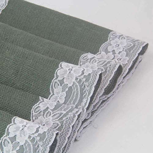 AAYU Gray Burlap Table Runner with White lace 108" | 14 Inch X 108 Studio Collection White Ribbon Lace on Both Edges Perfect Table Top Settings for Wedding and Party Decor (Grey) Jutemill