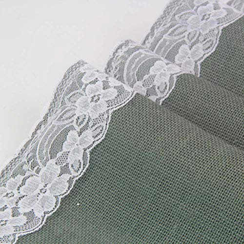 AAYU Gray Burlap Table Runner with White lace 108" | 14 Inch X 108 Studio Collection White Ribbon Lace on Both Edges Perfect Table Top Settings for Wedding and Party Decor (Grey) Jutemill