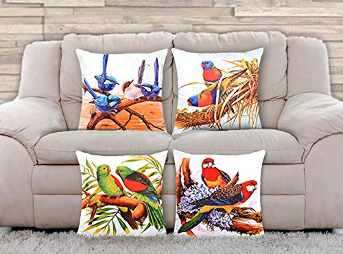 AAYU Parrot Square Pillow Covers | Velvet Base Soft Fabric | Trendy Pattern Both Side Printed | with Zipper | Pack of 4 | 18x18 inch Jutemill