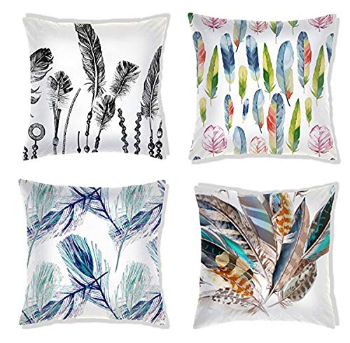 AAYU Pillow Covers | 18 X 18 Inch | 45 X 45 cm | 4 Piece Set | Decorative Pillow Cushion Covers for Sofa and Bedroom | Feathers Pattern Printed on Both Sides Jutemill