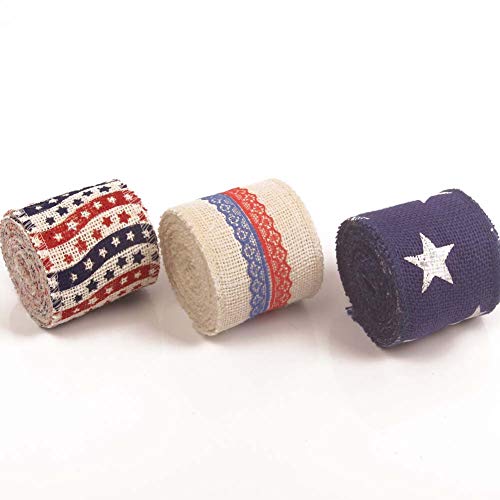 AAYU Star Printed Burlap Ribbon Rolls | 3 Inch X 5 Yards | 3 Pack Rolls | Natural, Eco-Friendly | Perfect for Party Wedding DIY Holiday Craft Decoration | Total 45 ft in a Pack Jutemill