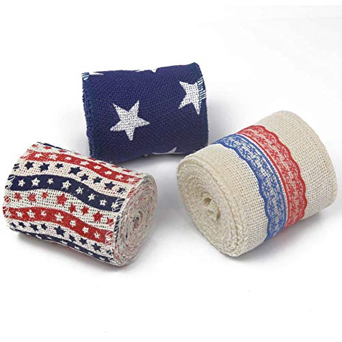 AAYU Star Printed Burlap Ribbon Rolls | 3 Inch X 5 Yards | 3 Pack Rolls | Natural, Eco-Friendly | Perfect for Party Wedding DIY Holiday Craft Decoration | Total 45 ft in a Pack Jutemill