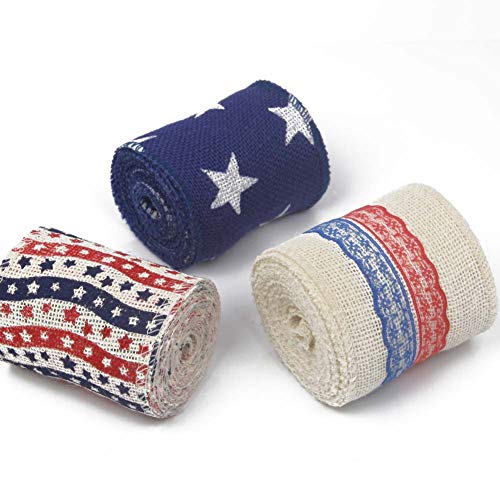 AAYU Star Printed Burlap Ribbon Rolls | 3 Inch X 5 Yards | 3 Pack Rolls | Natural, Eco-Friendly | Perfect for Party Wedding DIY Holiday Craft Decoration | Total 45 ft in a Pack Jutemill