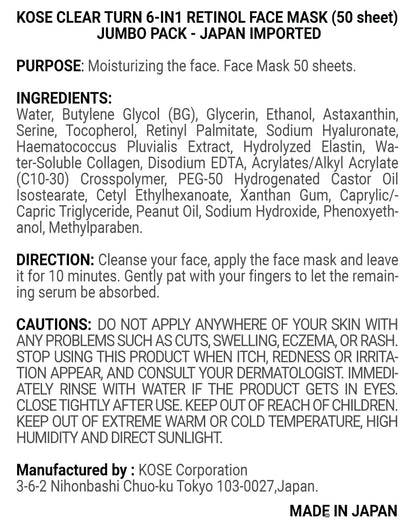 Kose Clear Turn 6-in1 Retinol Face Mask (50 sheet) Jumbo Pack - Japan Imported