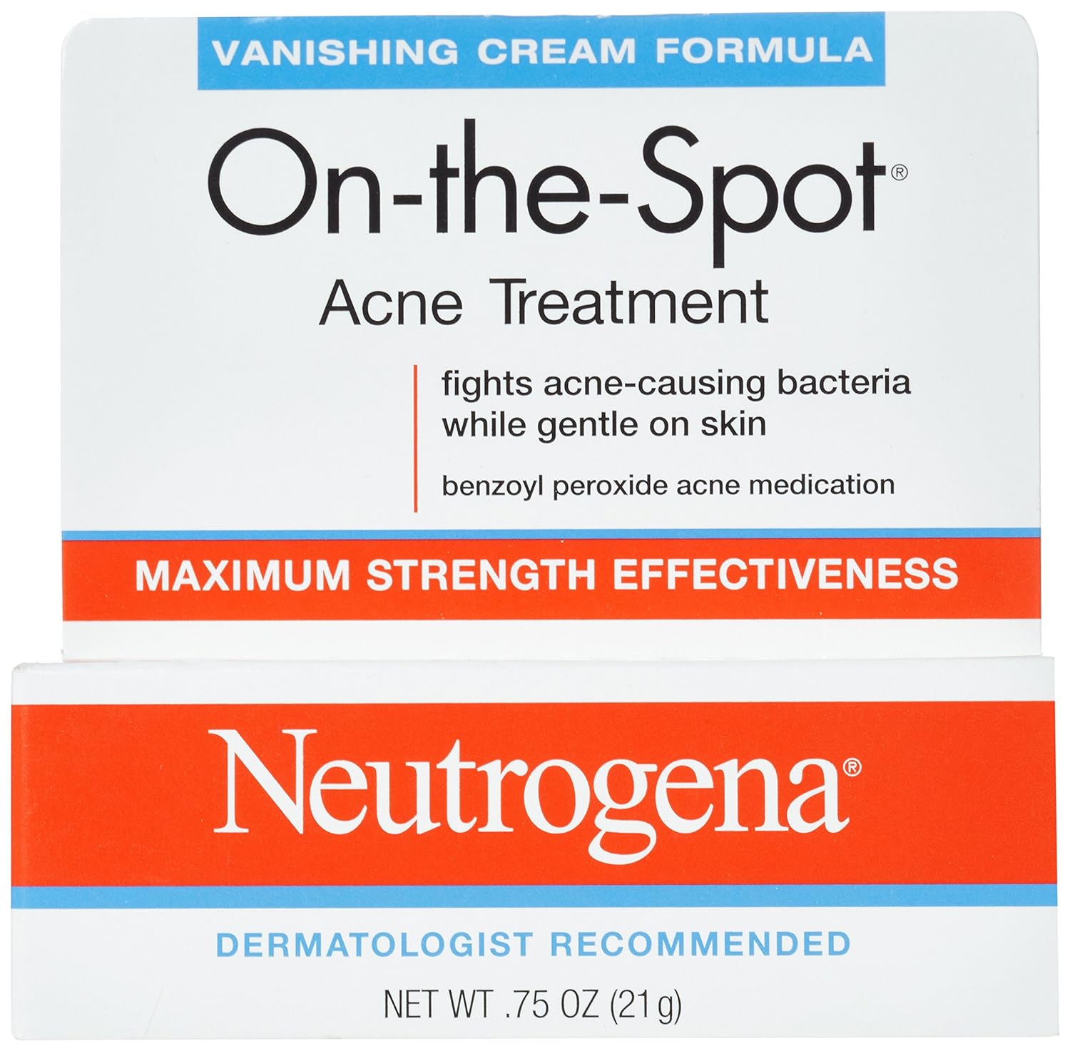 Neutrogena On-The-Spot Acne Spot Treatment with 2.5% Benzoyl Peroxide Acne Treatment Medication to Treat Face Acne, Gentle Benzoyl Peroxide Pimple Cream for Acne Prone Skin Care.75 oz