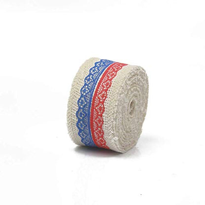AAYU Natural Burlap Ribbon Rolls 3 Inches x 5 Yards Pack of 3 Red Blue White Jute Ribbon for Crafts Gift Wrapping Wedding