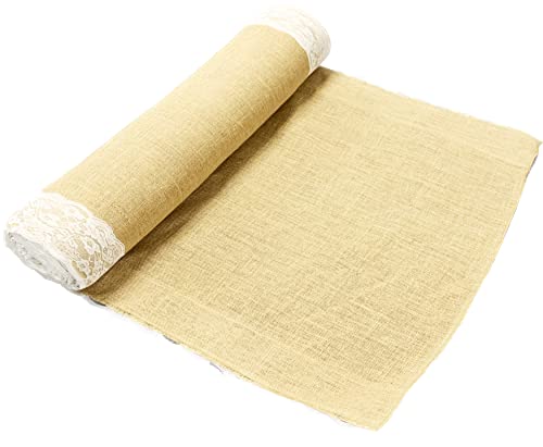 AAYU Burlap Wedding Aisle Runner with White Lace 40 Inch x 50 Feet Natural Jute Carpet Runner for Wedding and Party Decor