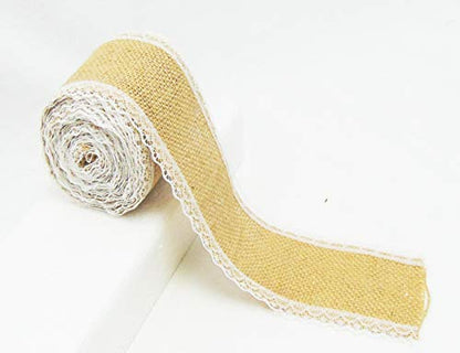 Natural Jute Burlap Ribbon Roll with White Lace Trims Tape 