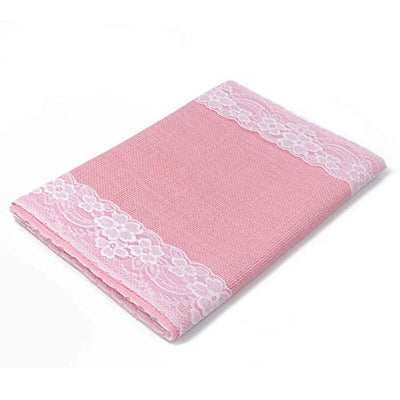 AAYU Burlap Pink Table Runner with White Lace 14 X 108 Inch Natural Jute Fabric Runner Roll for Party Event Wedding Decorations