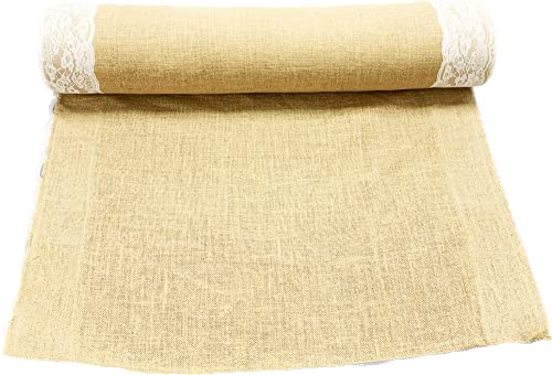 AAYU Burlap Wedding Aisle Runner with White Lace 40 Inch x 50 Feet Natural Jute Carpet Runner for Wedding and Party Decor