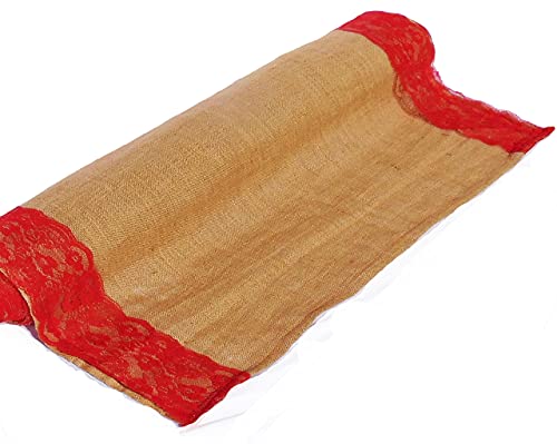 Premium Burlap Wedding Aisle Runner | 5 Inch Wide Red lace Attached on Both Sides | Sizes: 15ft, 30ft 50ft, 75ft or100ft (RED Lace 40&quot; X50Ft)