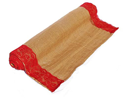 Premium Burlap Wedding Aisle Runner | 5 Inch Wide Red lace Attached on Both Sides | Sizes: 15ft, 30ft 50ft, 75ft or100ft (RED Lace 40&quot; X50Ft)