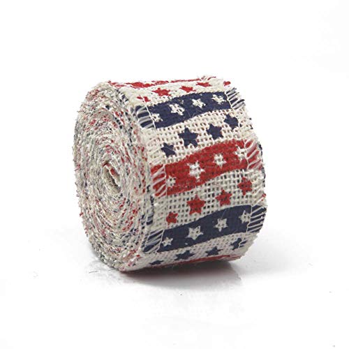 AAYU Natural Burlap Ribbon Roll 2 Inch X 5 Yards Red Blue White Star Print Jute Ribbon for Crafts Gift Wrapping Wedding