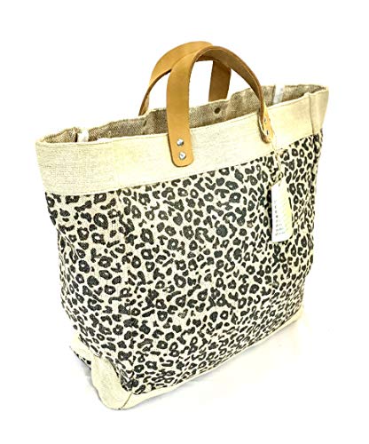 Burlap tote Bag with Leather handle, Animal print Size : 14" X 11" X 6", Thick burlap canvas women hand bags, Tan, Medium