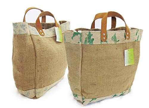 Jute Burlap Tote Bag with Leather handle | Shopping Handbag | Reusable Natural Burlap Tote Bags