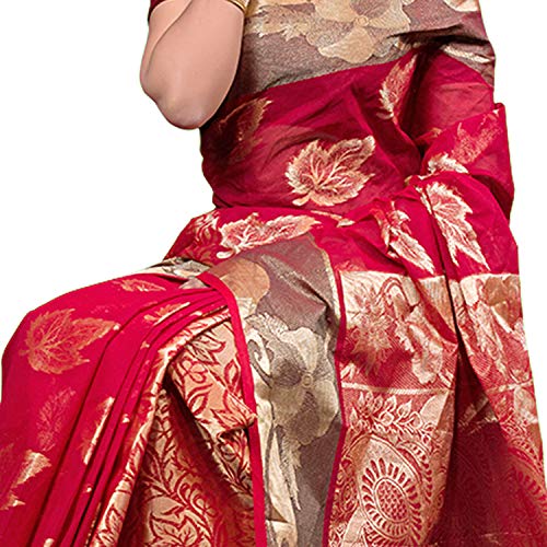 AAYU Women's Fashionable Cotton Silk Katan Saree (Crimson)