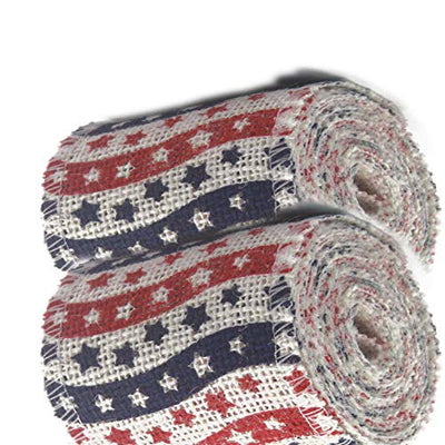 AAYU Natural Burlap Ribbon Roll 5 Inch X 5 Yards Red Blue White Star Print Jute Ribbon for Crafts Gift Wrapping Wedding