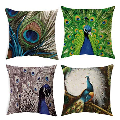 AAYU Peacock Design Pillow Covers 4 18 X 18 Inch | 45 X 45 cm | 4 Piece Set | Digital Printed | Prime Quality Pillow Cover | Both Sides Printed