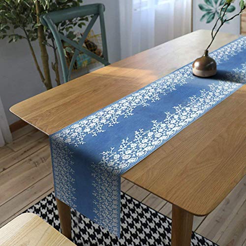 AAYU Blue Denim Table Runners Limited and Rare Edition/Bed Runner with White Floral Embroidery on Both Edges | 14 Inch X 72 Premium Quality Perfect for Wedding, Parties, Daily Décor
