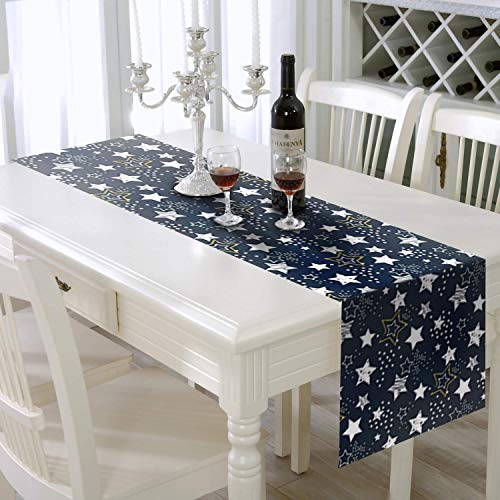AAYU Navy Blue Imitation Linen Table Runner 14 x 108 Inch Star Print Runner for Everyday, Dinner Party, Outdoor Dining, Events, Decor
