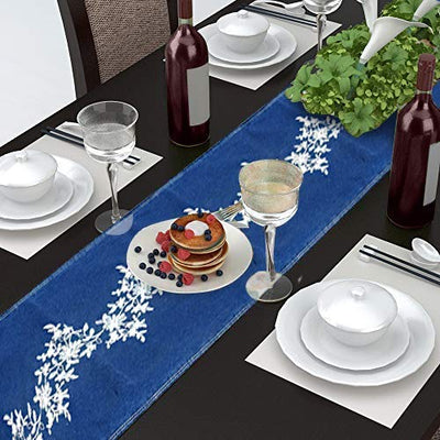 AAYU Designer Denim Table Runner/Bed Runners Limited and Exclusive Edition with Middle Floral Embroidery | 16 Inch X 108 Super Premium Quality Perfect for Wedding, Parties, Daily Décor
