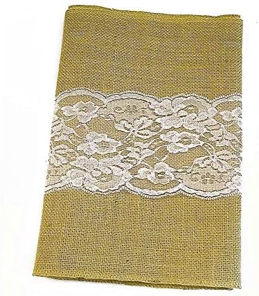 Burlap Table Runner by AAYU | 14 Inch x 72 Inch Floral Lace Attached in The Middle. Rustic Weddings and Events (White Lace in The Middle)