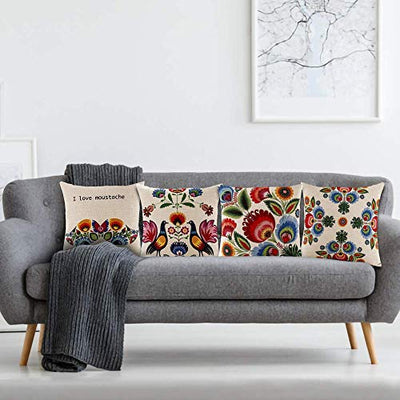 AAYU Bird and Flower Decorative Throw Pillow Covers 18 x 18 Inch Set of 4 Linen Cushion Covers for Couch Sofa Bed Home Decor