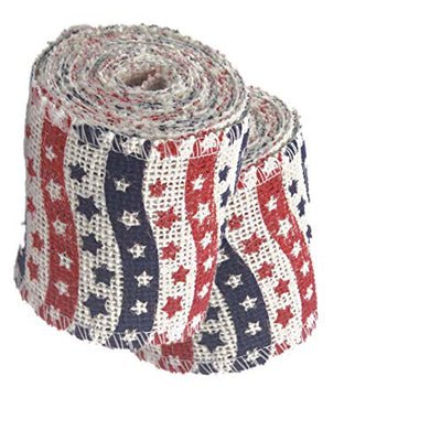 AAYU Natural Burlap Ribbon Roll 4 Inch X 5 Yards Red Blue White Star Print Jute Ribbon for Crafts Gift Wrapping Wedding