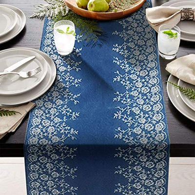 AAYU Blue Denim Table Runners Limited and Rare Edition/Bed Runner with White Floral Embroidery on Both Edges | 14 Inch X 72 Premium Quality Perfect for Wedding, Parties, Daily Décor