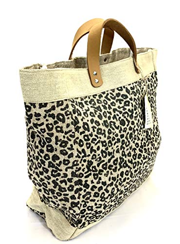 Burlap tote Bag with Leather handle, Animal print Size : 14&quot; X 11&quot; X 6&quot;, Thick burlap canvas women hand bags, Tan, Medium