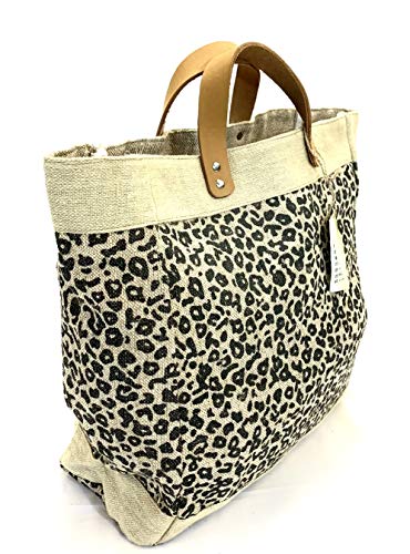 Burlap tote Bag with Leather handle, Animal print Size : 14" X 11" X 6", Thick burlap canvas women hand bags, Tan, Medium