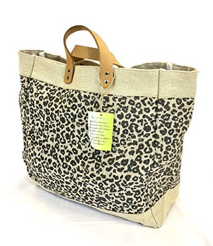 Burlap tote Bag with Leather handle, Animal print Size : 14&quot; X 11&quot; X 6&quot;, Thick burlap canvas women hand bags, Tan, Medium