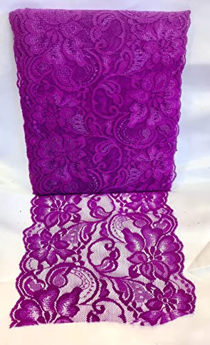 Jutemill Purple 6 inch X 15 feet Floral lace Ribbon for Dress Making DIY Project Stretchy Smooth Soft and Great for Fashion (6 X 5 Yards Stretch-Purple), White