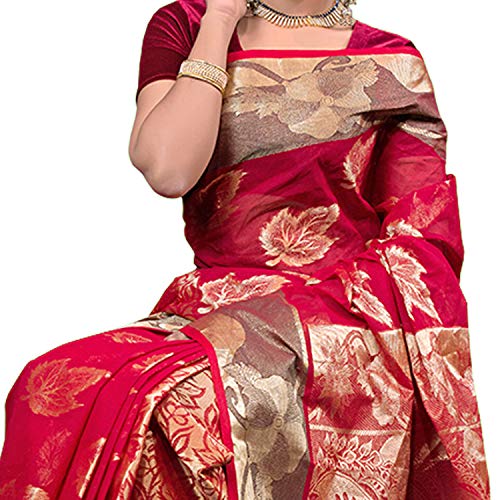 AAYU Women's Fashionable Cotton Silk Katan Saree (Crimson)