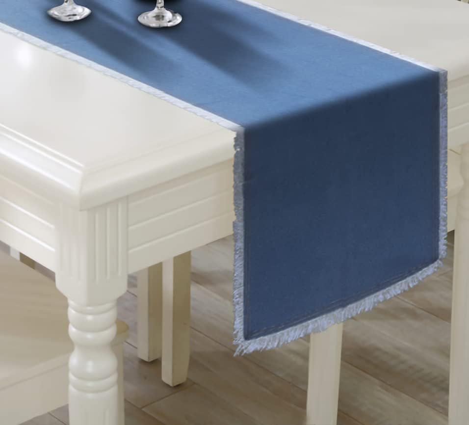 AAYU Denim Table Runner | Stone Washed Premium Quality (13 Inch X 72 Inch Fringed Edge)