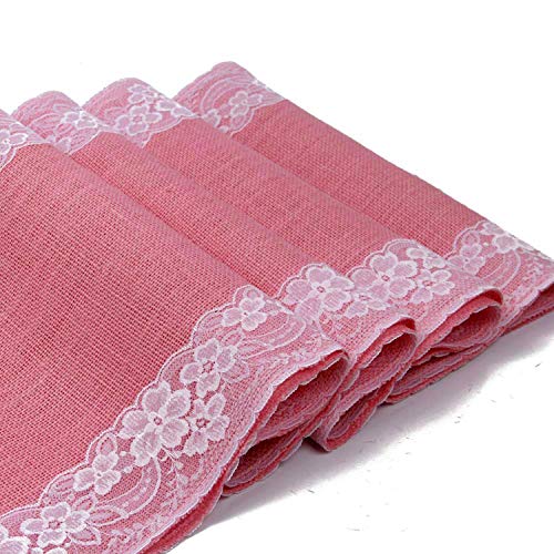 Burlap Pink Table Runner with White