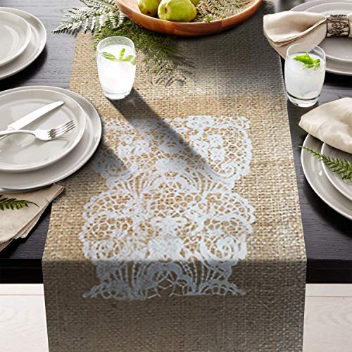 AAYU Burlap Yellow Table Runner with White Printed Design 12 x 108 inches No-Fray Eco-Friendly Natural Jute Runner for Home Party Wedding Decorations