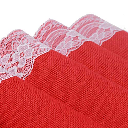 AAYU Burlap Red Table Runner with White Lace 14 X 108 Inch Natural Jute Fabric Runner Roll for Party Event Wedding Decorations