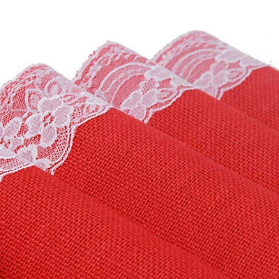 AAYU Burlap Red Table Runner with White Lace 14 X 108 Inch Natural Jute Fabric Runner Roll for Party Event Wedding Decorations