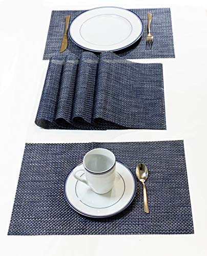 Jutemill Set of 12 Navy PVC Vinyl Woven Place mats, 12&quot; x 18 inches Heat Insulation Stain Resistant Placemats for Dining Table Durable Cross Weave Woven Vinyl Kitchen Table Mats Placemat (Solid Navy)