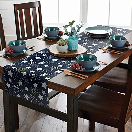 AAYU Navy Blue Imitation Linen Table Runner 14 x 108 Inch Star Print Runner for Everyday, Dinner Party, Outdoor Dining, Events, Decor