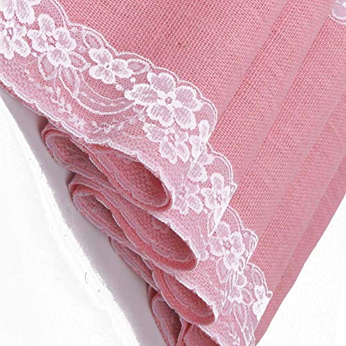 AAYU Burlap Pink Table Runner with White Lace 14 X 108 Inch Natural Jute Fabric Runner Roll for Party Event Wedding Decorations