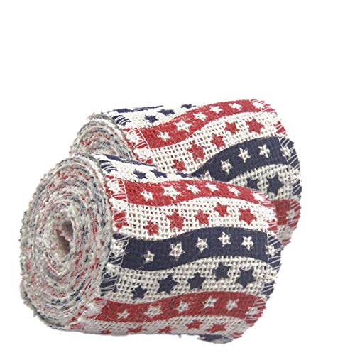 AAYU Natural Burlap Ribbon Roll 4 Inch X 5 Yards Red Blue White Star Print Jute Ribbon for Crafts Gift Wrapping Wedding