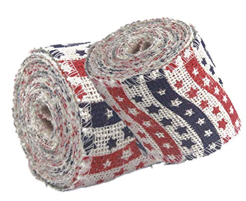 AAYU Natural Burlap Ribbon Roll 2 Inch X 5 Yards Red Blue White Star Print Jute Ribbon for Crafts Gift Wrapping Wedding