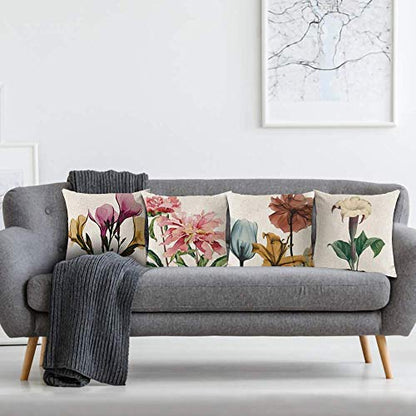 Flower Print Decorative Throw Pillow Covers | Leaf Printed Pillow Covers | Linen Cushion Covers for Couch Sofa and bed