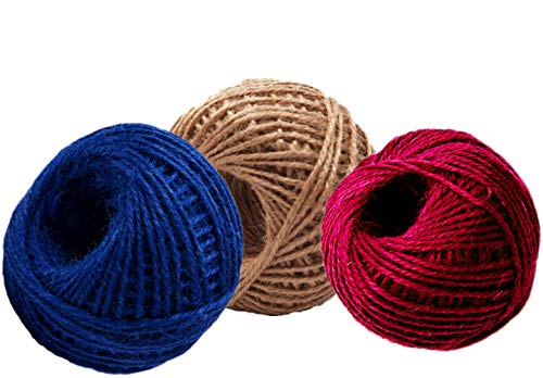 AAYU Colored Jute Twine Balls Natural Red and Blue 3 Color Twine Set Jute Rope for Arts and Crafts Gift Wrapping Packing Party Wedding Decorations