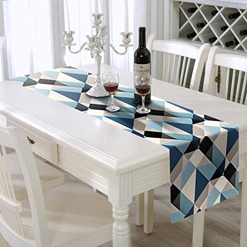 AAYU Geometric Pattern Table Runner 16 x 72 Inch Imitation Linen Runner for Everyday Birthday Baby Shower Party Banquet Decorations Table Settings (Blue and Black)