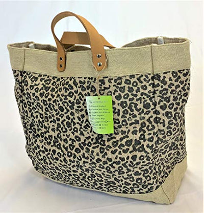 Burlap tote Bag with Leather handle, Animal print Size : 14" X 11" X 6", Thick burlap canvas women hand bags, Tan, Medium