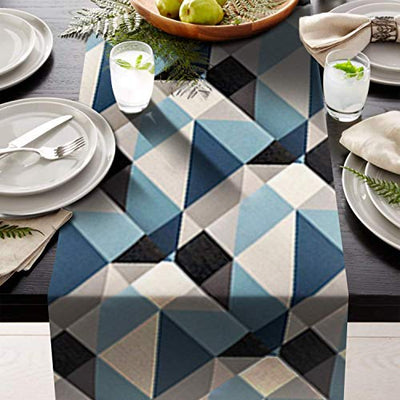 AAYU Geometric Pattern Table Runner 16 x 72 Inch Imitation Linen Runner for Everyday Birthday Baby Shower Party Banquet Decorations Table Settings (Blue and Black)